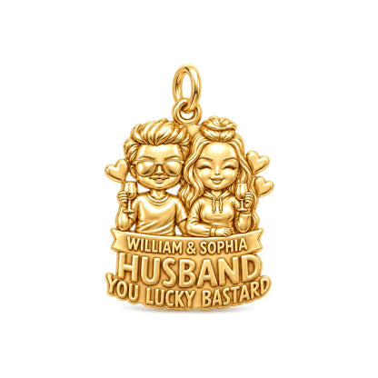 Lucky Bastard Couple Charm Bracelet – Personalized Couple Gift – 18K gold plated 3 cm charm, front view