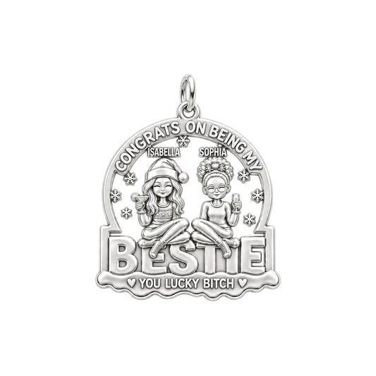 Lucky Bestie Celebration Charm Bracelet – Personalized Best Friend – silver plated 3 cm charm, front view