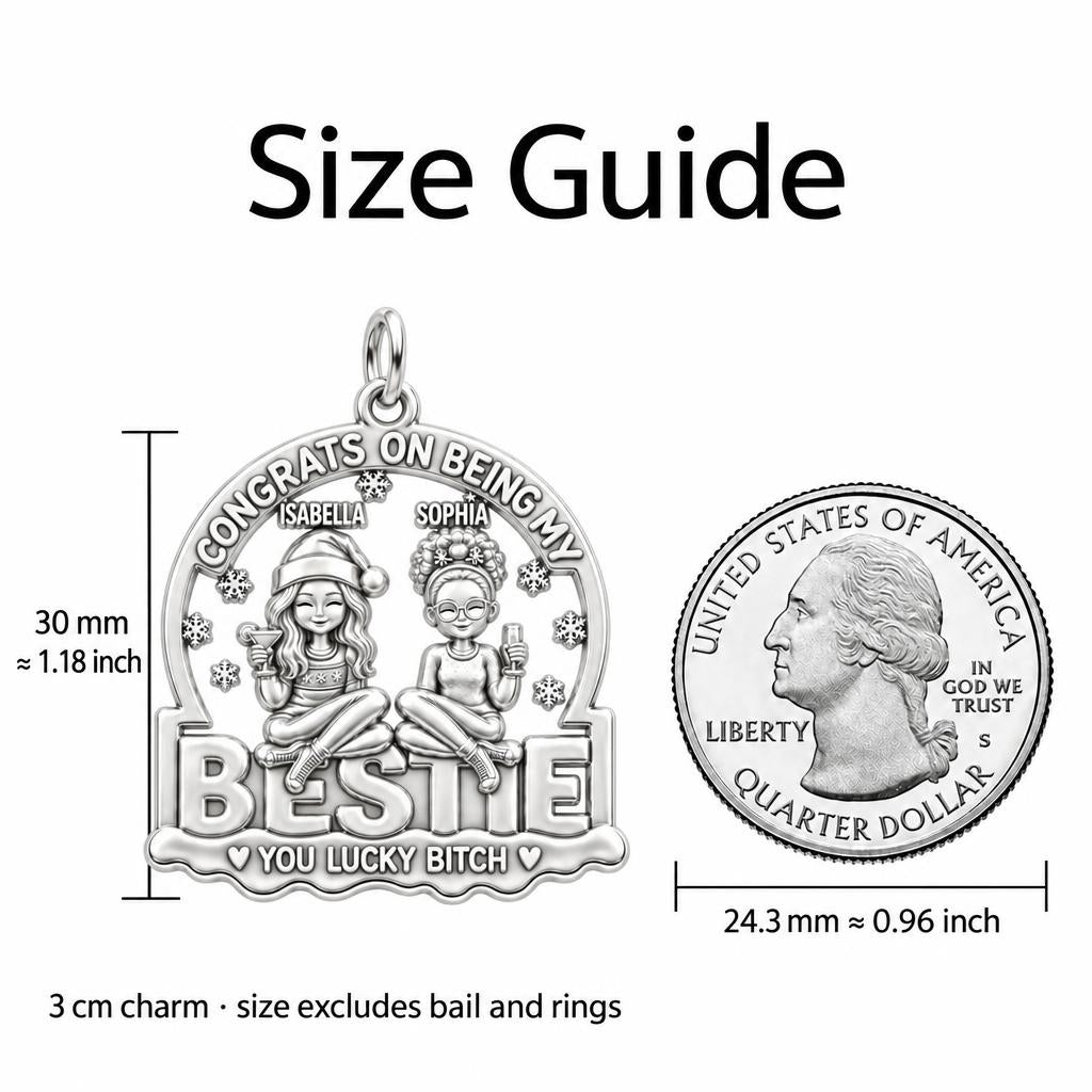 Lucky Bestie Celebration Charm Bracelet – Personalized Best Friend – size guide, 3 cm charm next to a quarter