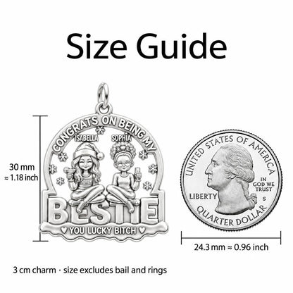 Lucky Bestie Celebration Charm Bracelet – Personalized Best Friend – size guide, 3 cm charm next to a quarter
