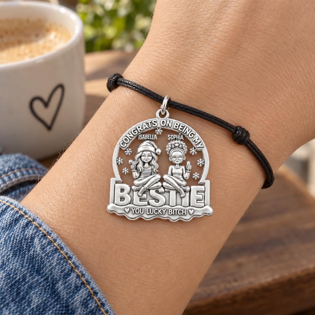 Lucky Bestie Celebration Charm Bracelet – Personalized Best Friend – worn on the wrist on a black cord bracelet
