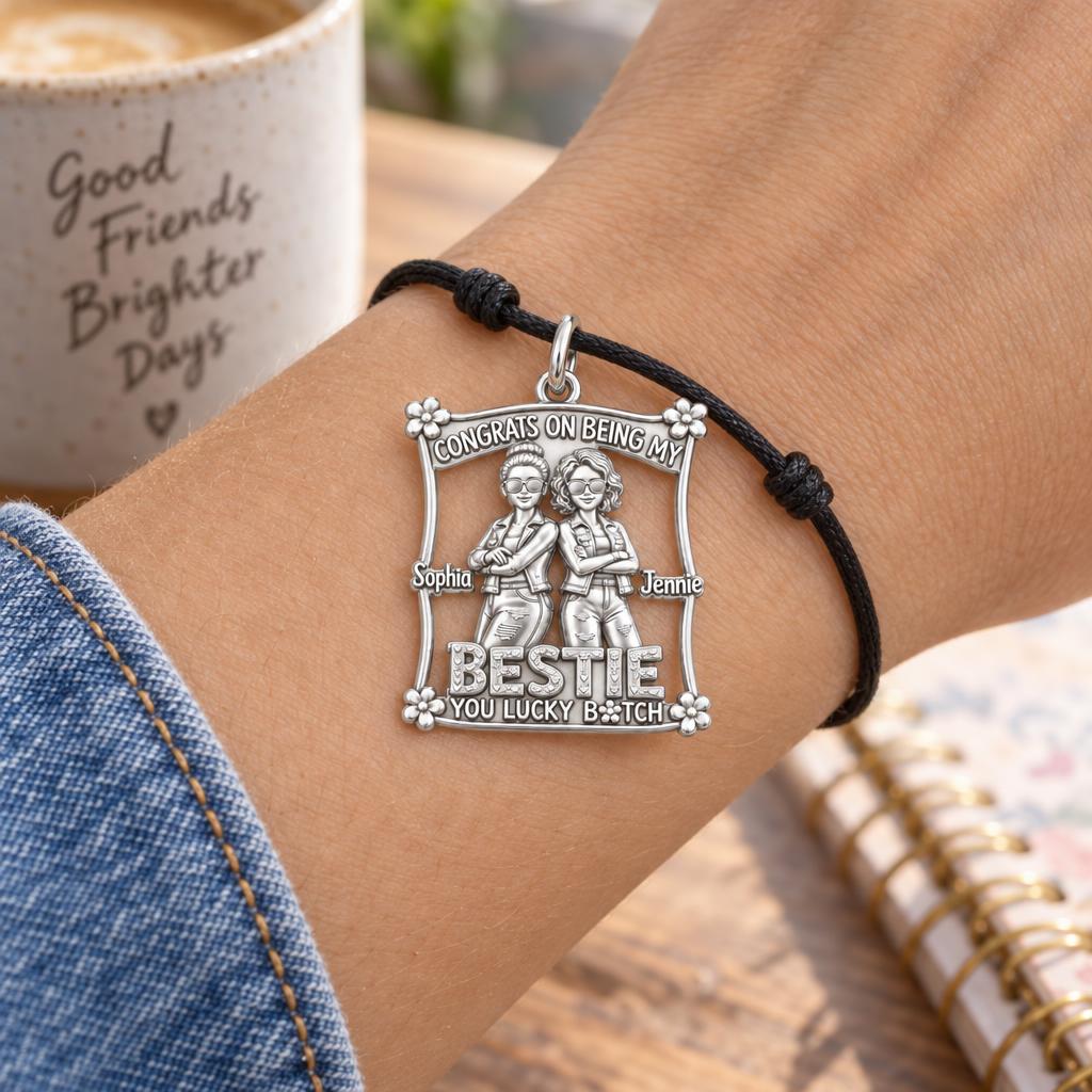 Lucky Bestie Duo Charm Bracelet – Personalized Friend Gift – worn on the wrist on a black cord bracelet
