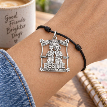 Lucky Bestie Duo Charm Bracelet – Personalized Friend Gift – worn on the wrist on a black cord bracelet