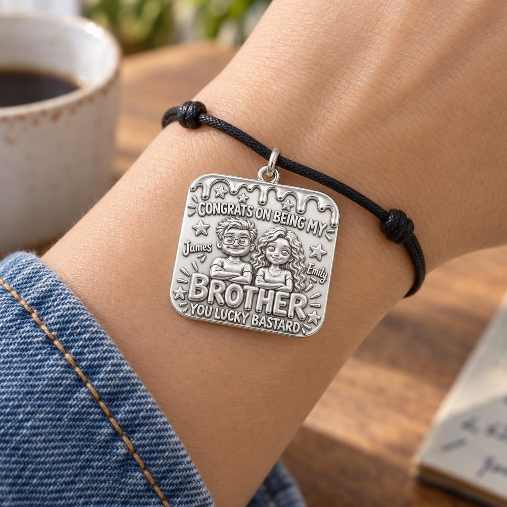 Lucky Brother Celebration Charm Bracelet – Personalized Brother Gift – worn on the wrist on a black cord bracelet