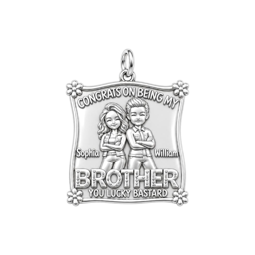 Lucky Brother Sibling Charm Bracelet – Personalized Brother Gift – silver plated 3 cm charm, front view
