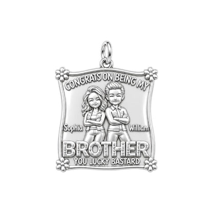 Lucky Brother Sibling Charm Bracelet – Personalized Brother Gift – silver plated 3 cm charm, front view