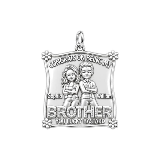 Lucky Brother Sibling Charm Bracelet – Personalized Brother Gift – silver plated 3 cm charm, front view