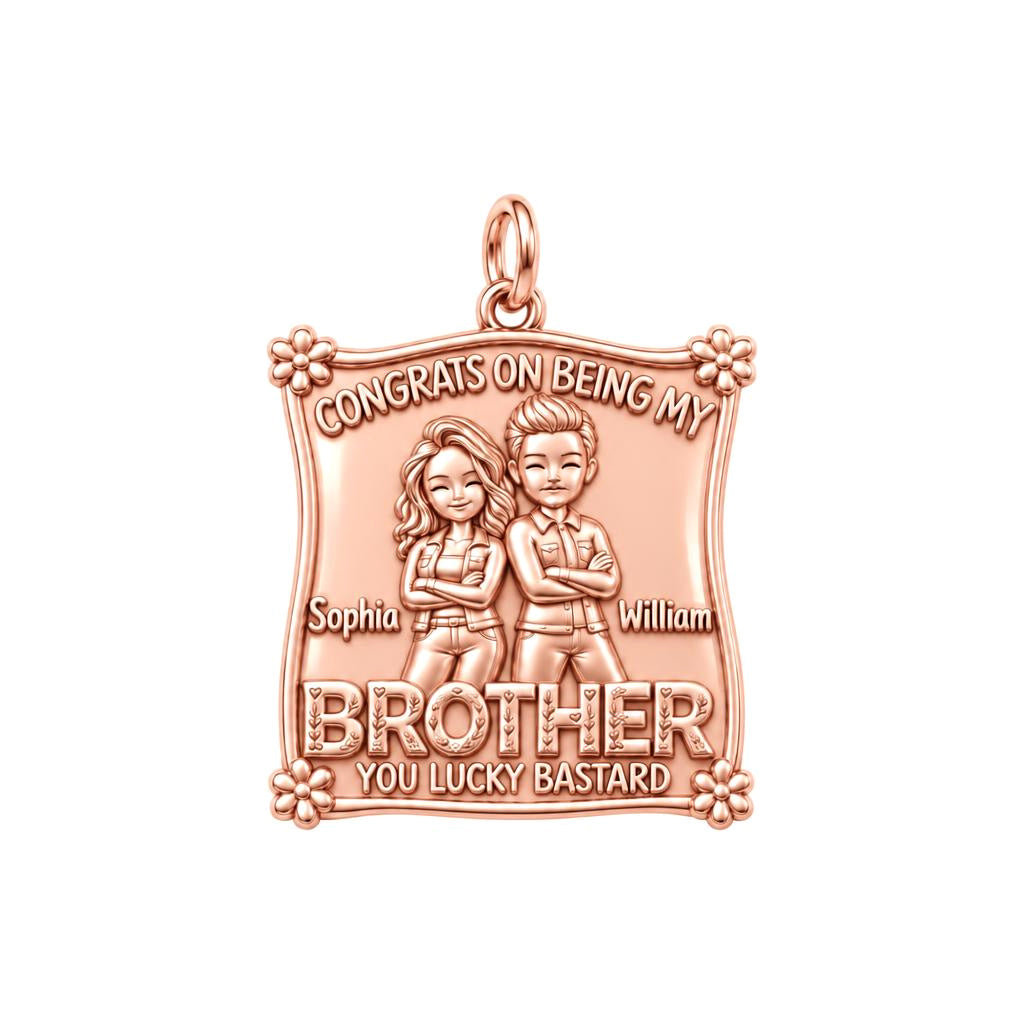 Lucky Brother Sibling Charm Bracelet – Personalized Brother Gift – rose gold 3 cm charm, front view
