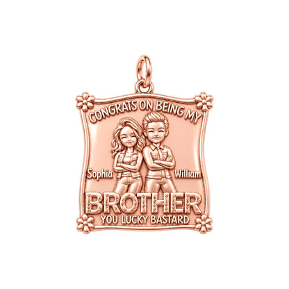 Lucky Brother Sibling Charm Bracelet – Personalized Brother Gift – rose gold 3 cm charm, front view
