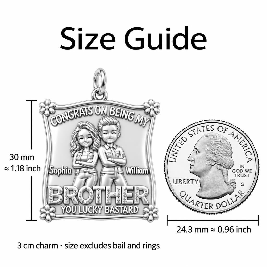 Lucky Brother Sibling Charm Bracelet – Personalized Brother Gift – size guide, 3 cm charm next to a quarter