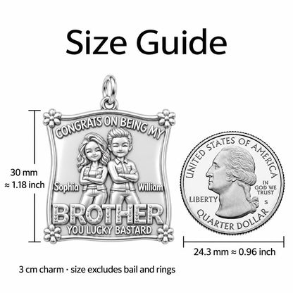 Lucky Brother Sibling Charm Bracelet – Personalized Brother Gift – size guide, 3 cm charm next to a quarter