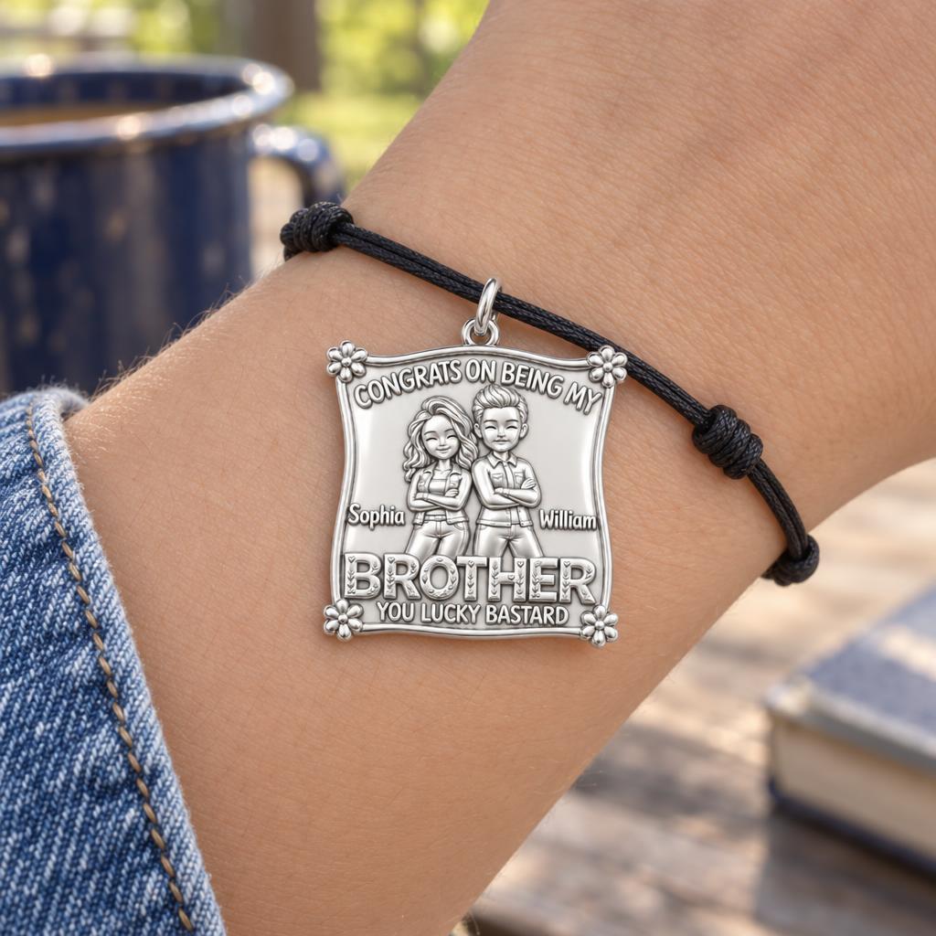 Lucky Brother Sibling Charm Bracelet – Personalized Brother Gift – worn on the wrist on a black cord bracelet