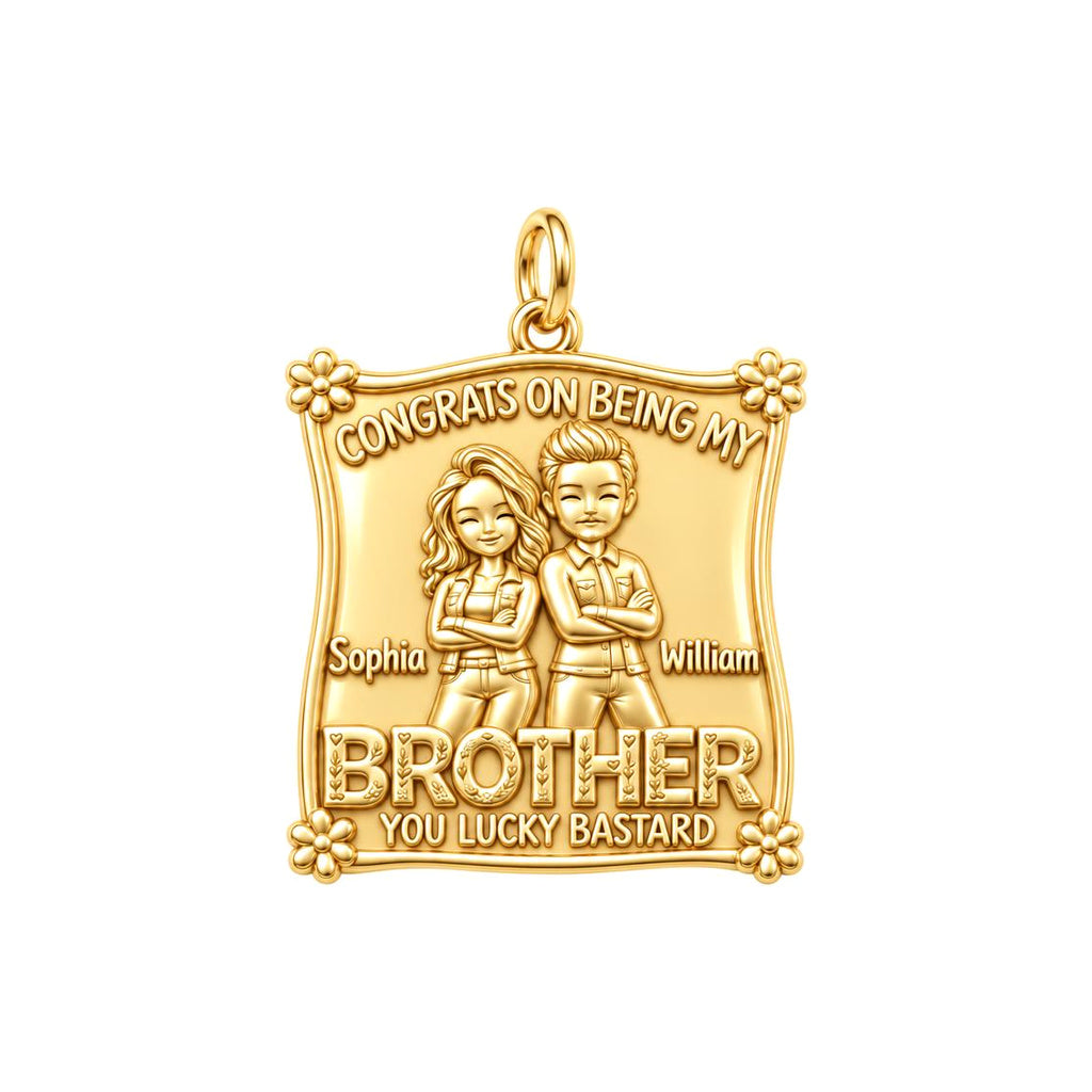 Lucky Brother Sibling Charm Bracelet – Personalized Brother Gift – 18K gold plated 3 cm charm, front view