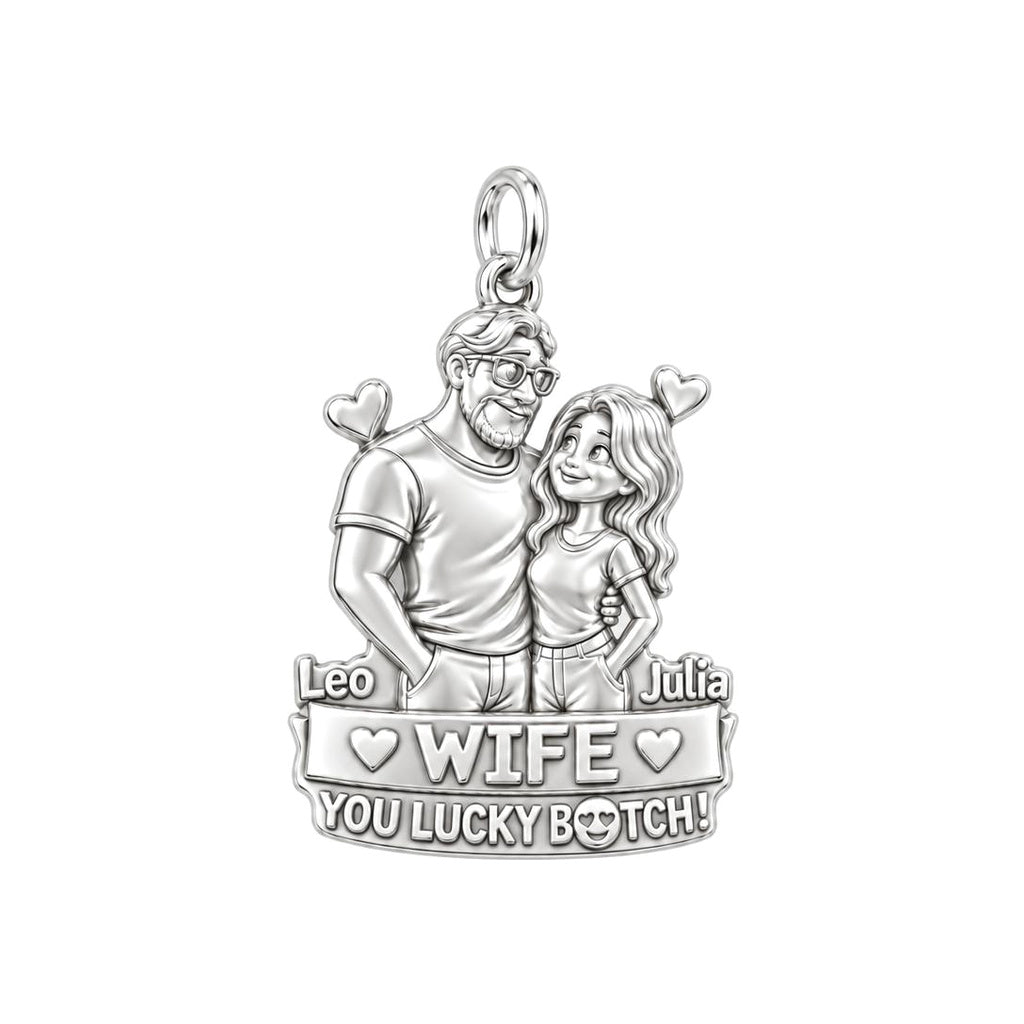 Lucky Couple Portrait Charm Bracelet – Personalized Couple Gift – silver plated 3 cm charm, front view