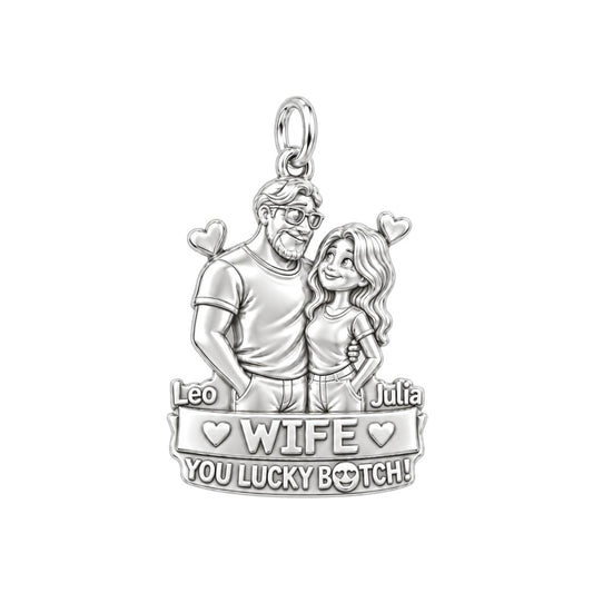 Lucky Couple Portrait Charm Bracelet – Personalized Couple Gift – silver plated 3 cm charm, front view