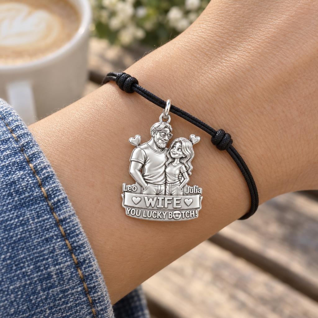 Lucky Couple Portrait Charm Bracelet – Personalized Couple Gift – worn on the wrist on a black cord bracelet