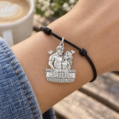 Lucky Couple Portrait Charm Bracelet – Personalized Couple Gift – worn on the wrist on a black cord bracelet