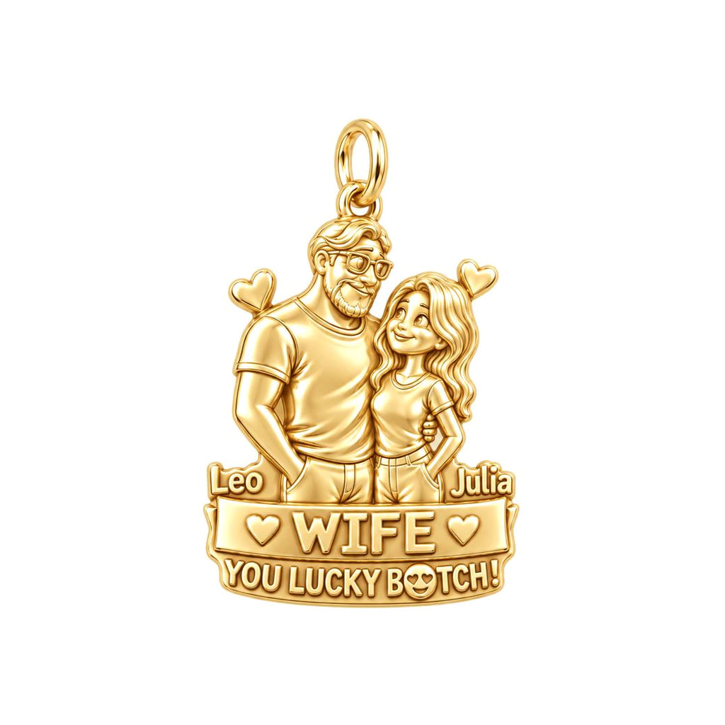 Lucky Couple Portrait Charm Bracelet – Personalized Couple Gift – 18K gold plated 3 cm charm, front view