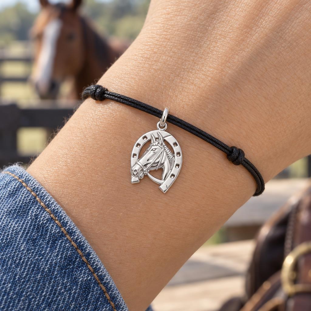Lucky Gallop Horse Charm Bracelet – Personalized Horse Mom Gift – worn on the wrist on a black cord bracelet