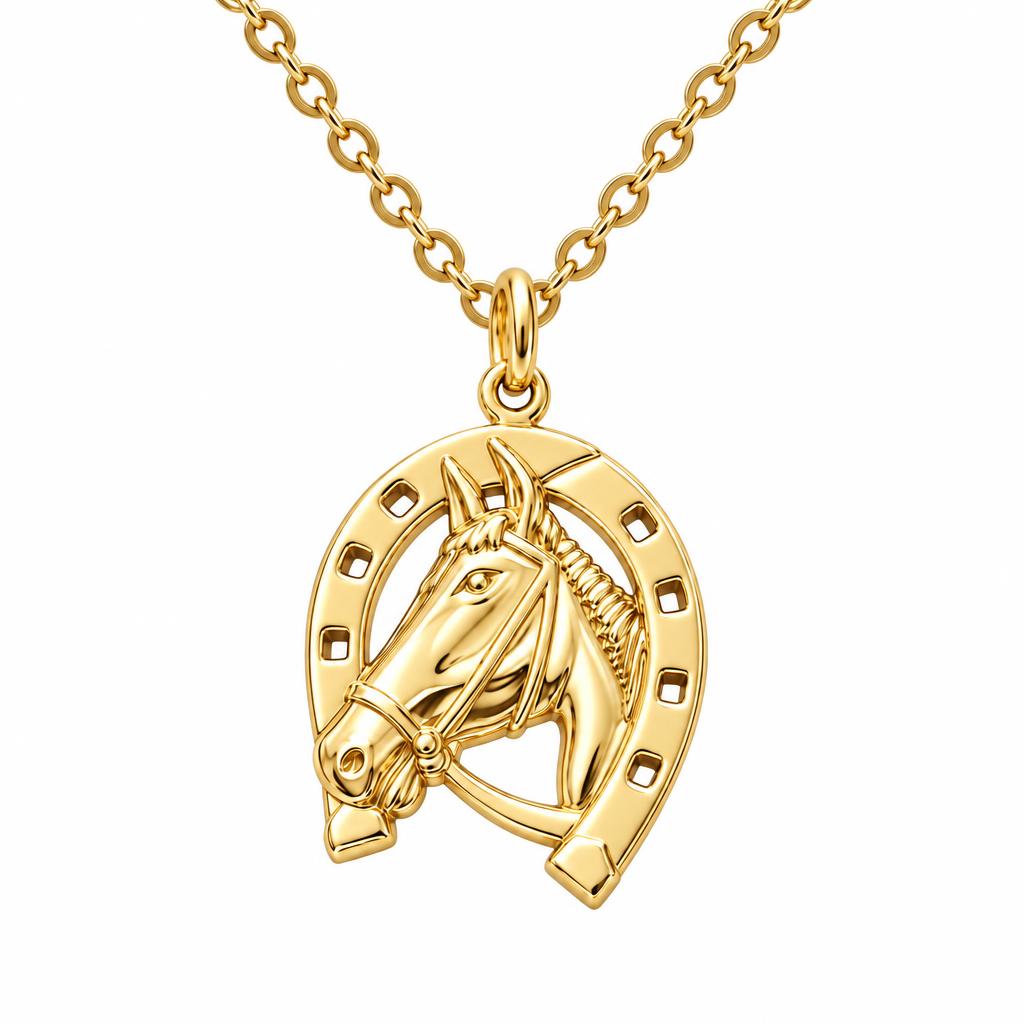 Lucky Gallop Horse Charm Necklace Set – 18K gold, front view