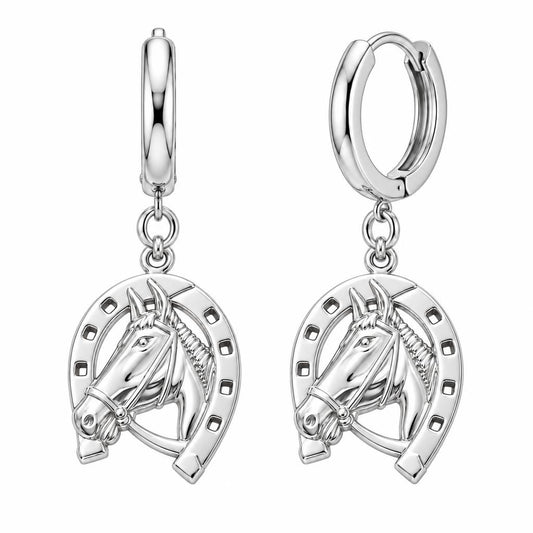 Lucky Gallop Horse Huggie Charm Earrings – silver, front view