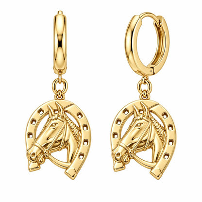 Lucky Gallop Horse Huggie Charm Earrings – 18K gold, front view