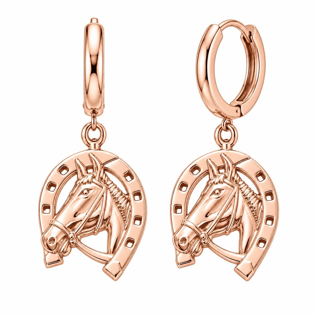 Lucky Gallop Horse Huggie Charm Earrings – rose gold, front view