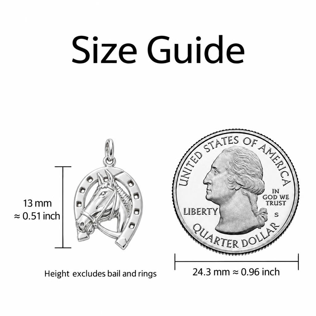 Lucky Gallop Horse Keepsake Plaque – size guide, 13 mm charm next to a quarter
