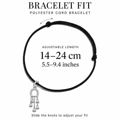 Lucky Horseshoe Wind Chime Charm Bracelet – Personalized Gift – adjustable black cord bracelet, 14–24 cm