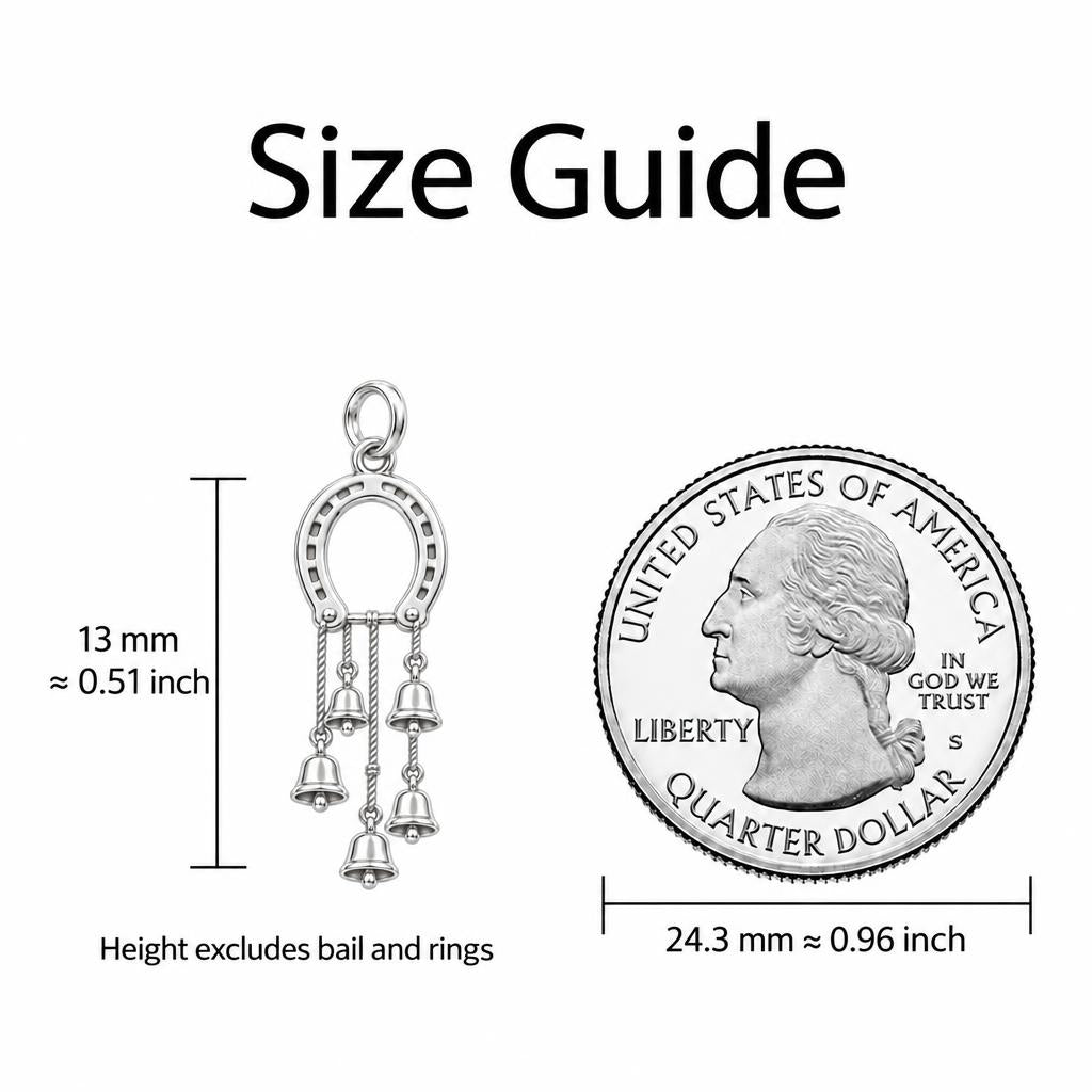 Lucky Horseshoe Wind Chime Charm Bracelet – Personalized Gift – size guide, 13 mm charm next to a quarter