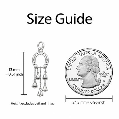 Lucky Horseshoe Wind Chime Charm Bracelet – Personalized Gift – size guide, 13 mm charm next to a quarter
