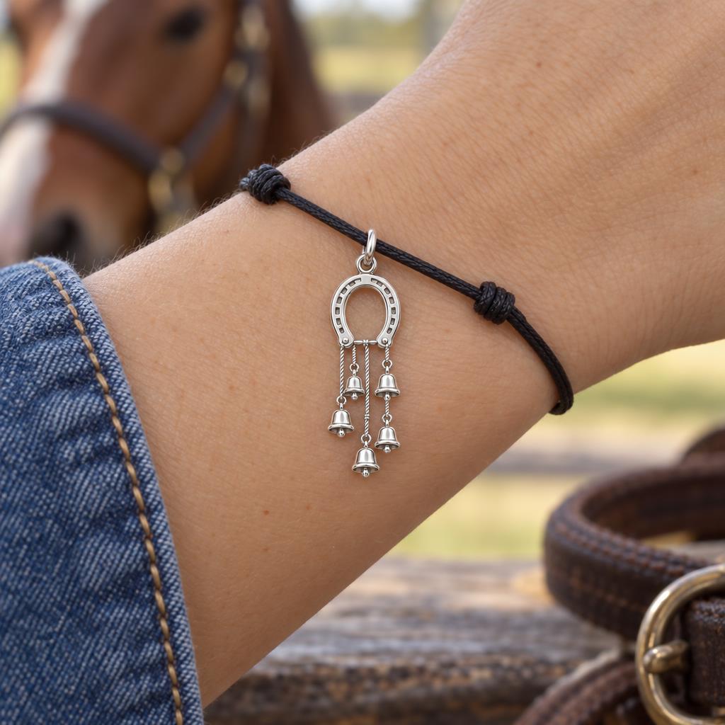 Lucky Horseshoe Wind Chime Charm Bracelet – Personalized Gift – worn on the wrist on a black cord bracelet