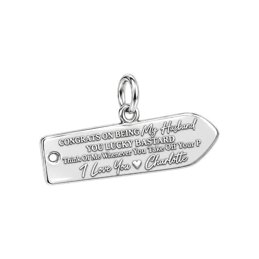 Lucky Husband Message Tag Charm Bracelet – Personalized Husband Gift – silver plated 2 cm charm, front view