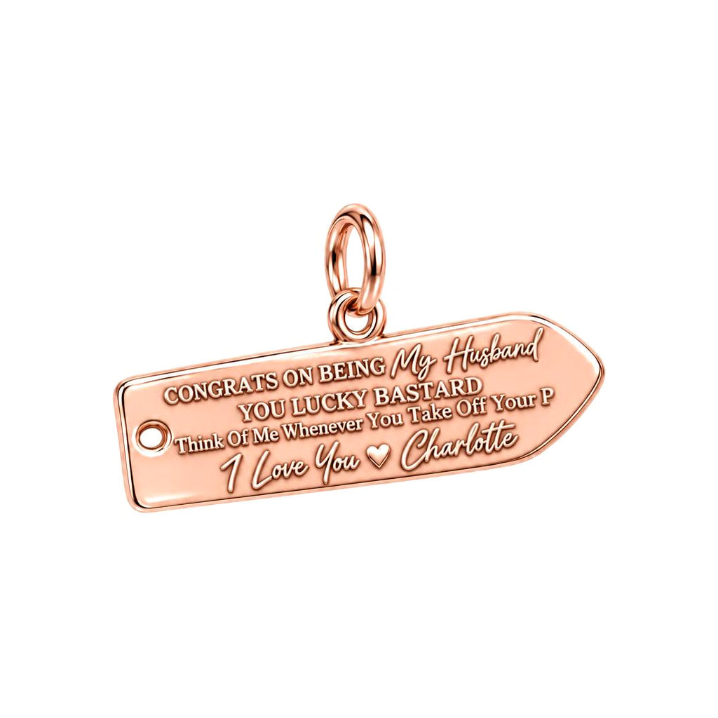 Lucky Husband Message Tag Charm Bracelet – Personalized Husband Gift – rose gold 3 cm charm, front view