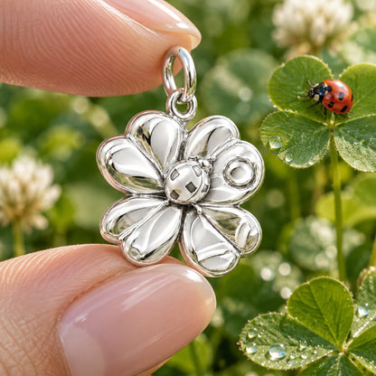 Lucky Ladybug Clover Charm Bracelet – Personalized Mom Gift – worn on the wrist on a black cord bracelet