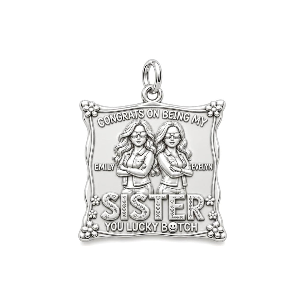 Lucky Sister Portrait Charm Bracelet – Personalized Sister Gift – silver plated 3 cm charm, front view
