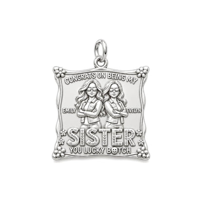 Lucky Sister Portrait Charm Bracelet – Personalized Sister Gift – silver plated 3 cm charm, front view