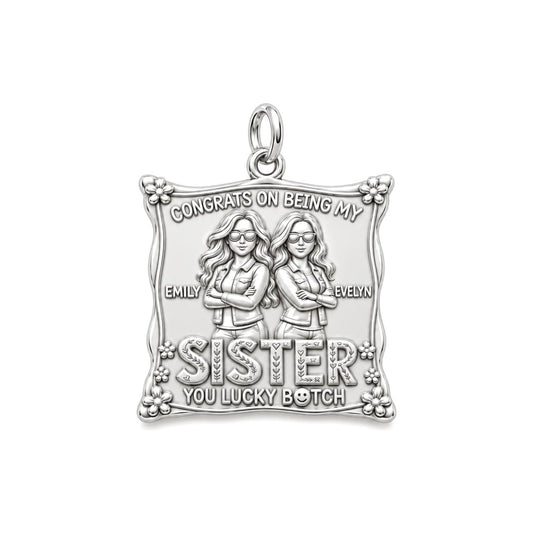 Lucky Sister Portrait Charm Bracelet – Personalized Sister Gift – silver plated 3 cm charm, front view