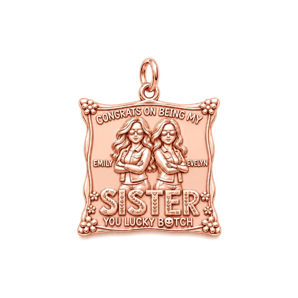 Lucky Sister Portrait Charm Bracelet – Personalized Sister Gift – rose gold 3 cm charm, front view