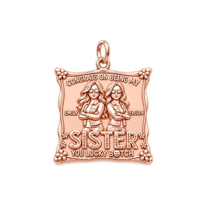 Lucky Sister Portrait Charm Bracelet – Personalized Sister Gift – rose gold 3 cm charm, front view