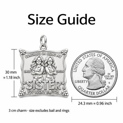 Lucky Sister Portrait Charm Bracelet – Personalized Sister Gift – size guide, 3 cm charm next to a quarter