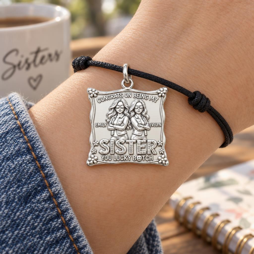 Lucky Sister Portrait Charm Bracelet – Personalized Sister Gift – worn on the wrist on a black cord bracelet