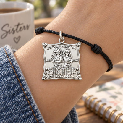 Lucky Sister Portrait Charm Bracelet – Personalized Sister Gift – worn on the wrist on a black cord bracelet