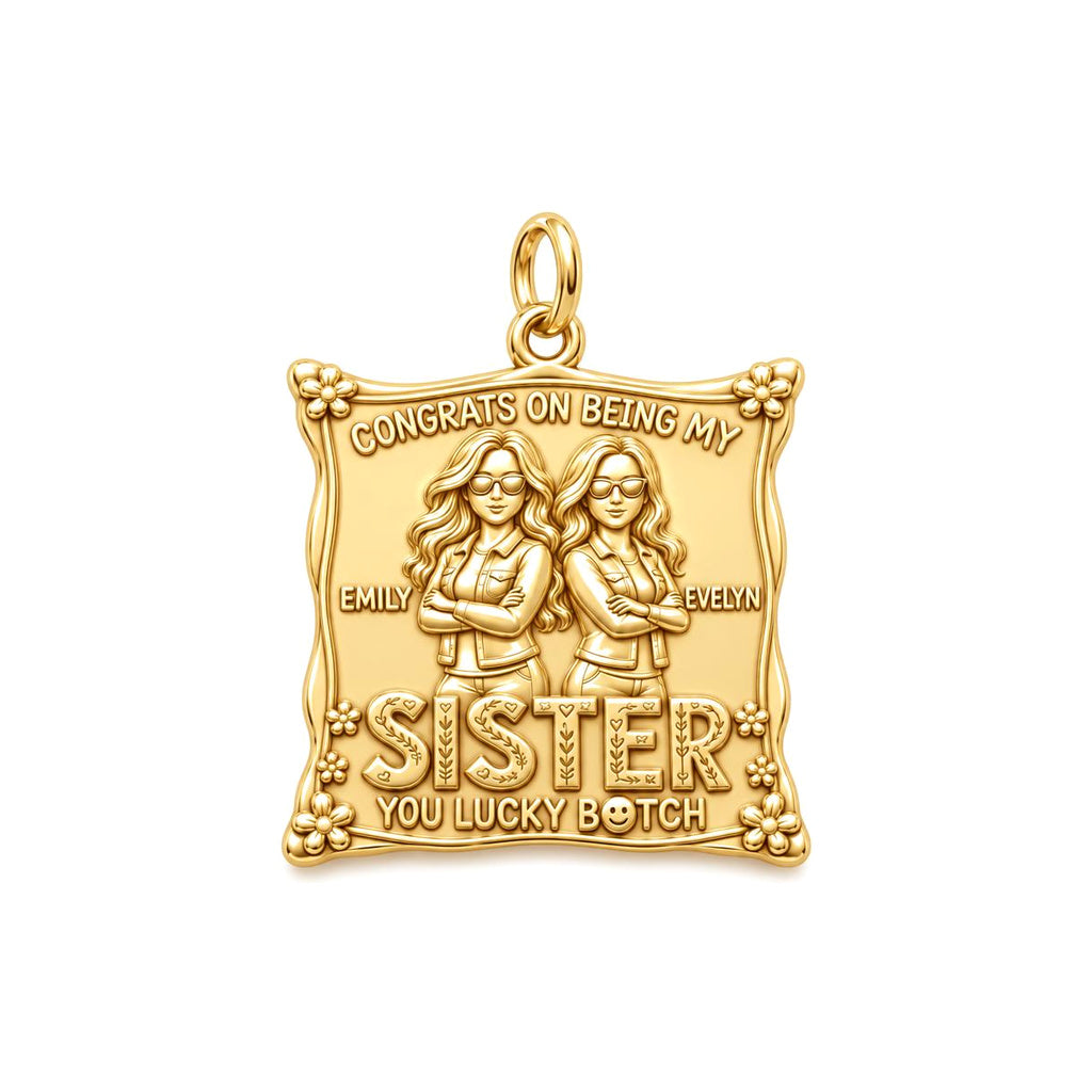 Lucky Sister Portrait Charm Bracelet – Personalized Sister Gift – 18K gold plated 3 cm charm, front view
