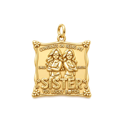 Lucky Sister Portrait Charm Bracelet – Personalized Sister Gift – 18K gold plated 3 cm charm, front view
