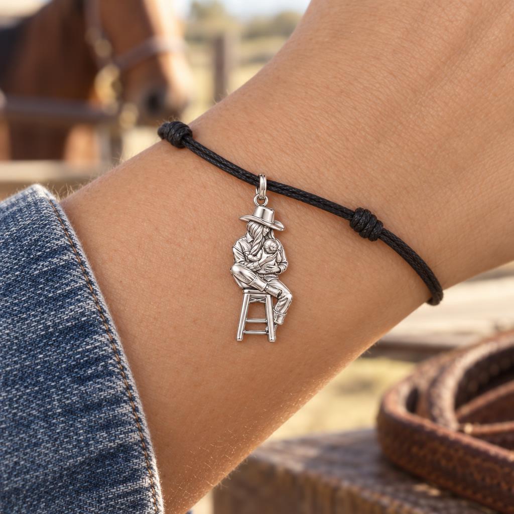 Lullaby in the Saddle Charm Bracelet – Personalized Mom Gift – worn on the wrist on a black cord bracelet