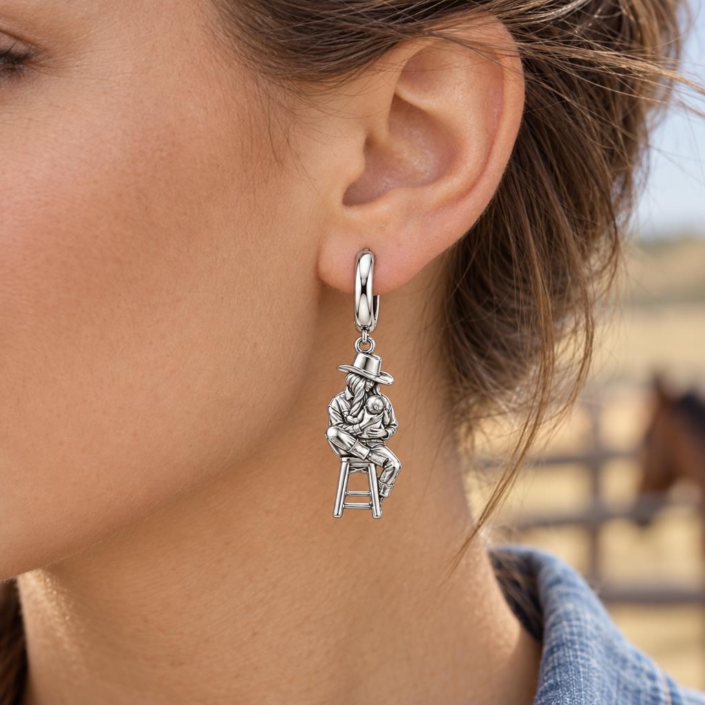 Lullaby in the Saddle Huggie Charm Earrings – worn / in use