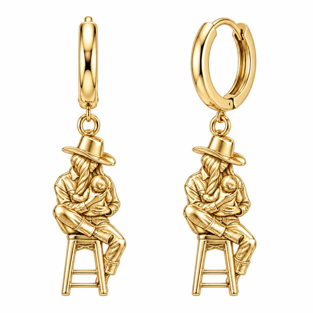 Lullaby in the Saddle Huggie Charm Earrings – 18K gold, front view