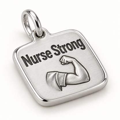 Nurse Strong Engraved Nurse Charm | macro face-up oblique view | 1d04b3aa48059090849830c5080fedc3db590cb402eae6a4a3b5509061b50d5f