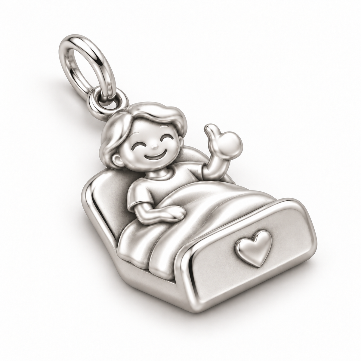 Nurse Patient Thumbs Up Dangle Charm | macro face-up oblique view | 50795e251ae76fc62d345f10b1394237e0089d776d06d1f89061d9b5d48f4f90